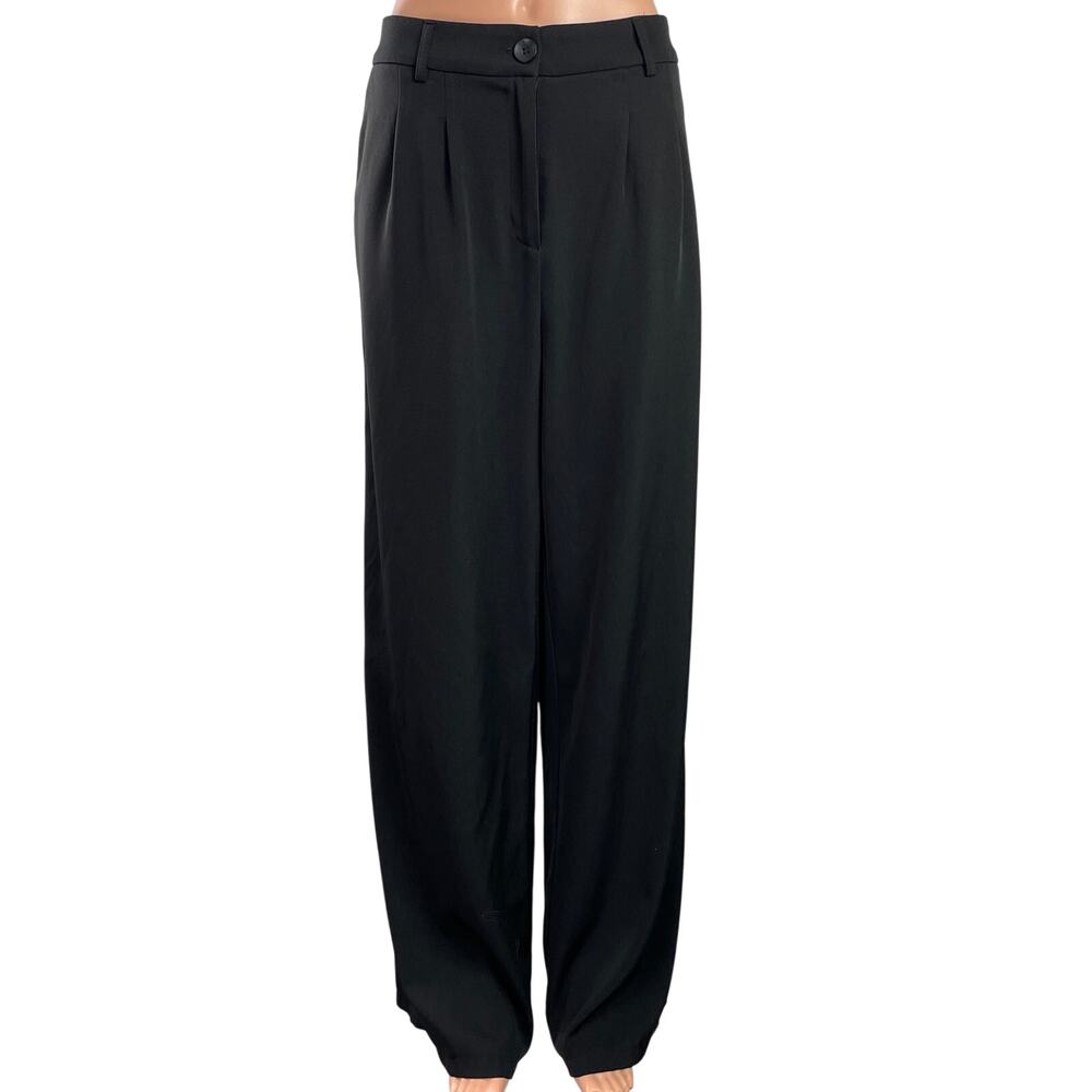 Princess Polly Women's Black High Rise Pleated Wide Leg Baggy Trousers Pants 12